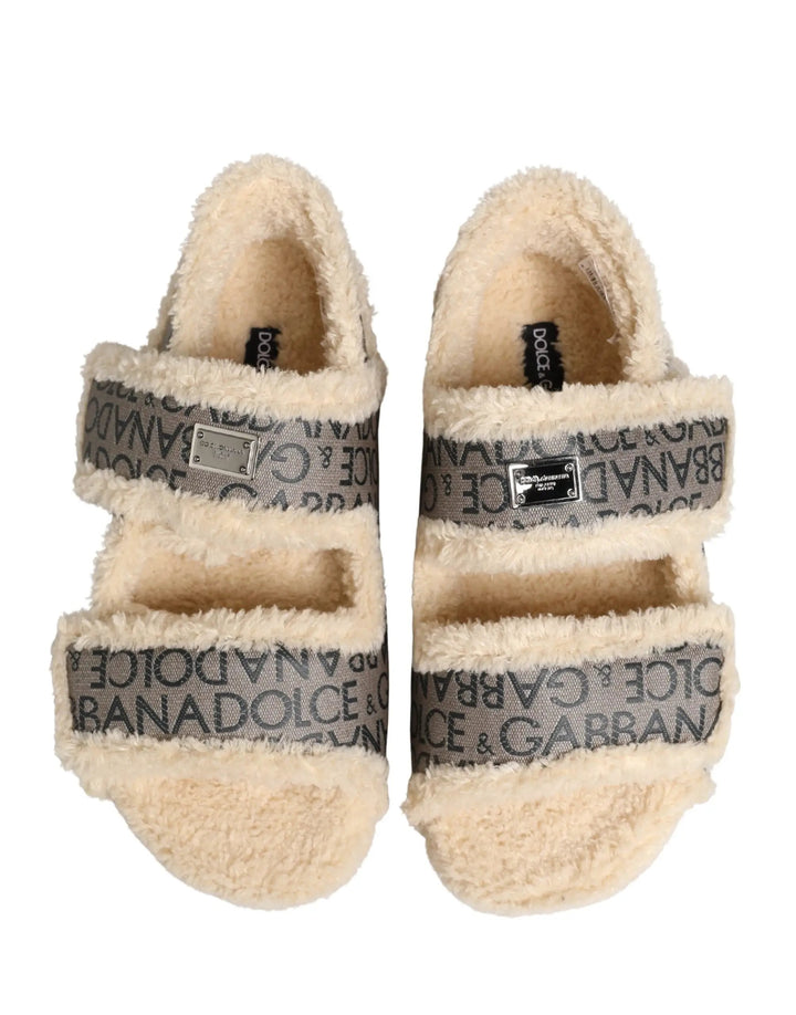 Dolce &amp; Gabbana Sample Sale | Dolce &amp; Gabbana Beige Faux Fur Logo Print Flats Sandals Shoes - | Designer outlet