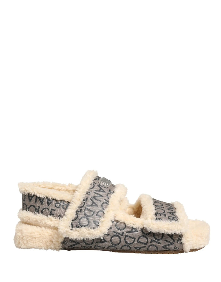 Dolce &amp; Gabbana Sample Sale | Dolce &amp; Gabbana Beige Faux Fur Logo Print Flats Sandals Shoes - | Designer outlet