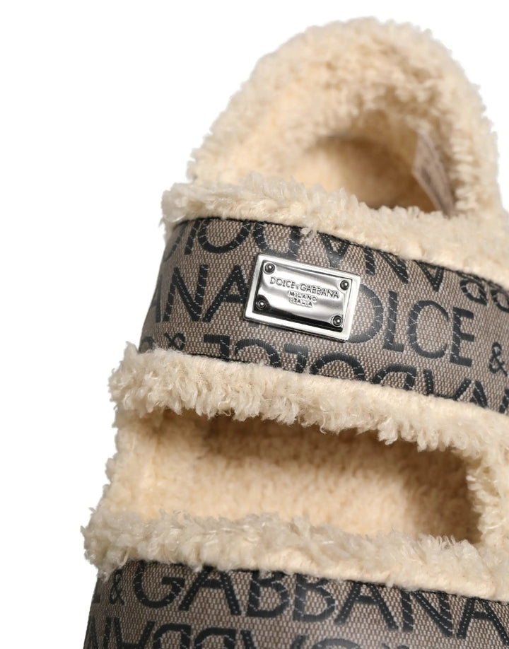 Dolce &amp; Gabbana Sample Sale | Dolce &amp; Gabbana Beige Faux Fur Logo Print Flats Sandals Shoes - | Designer outlet
