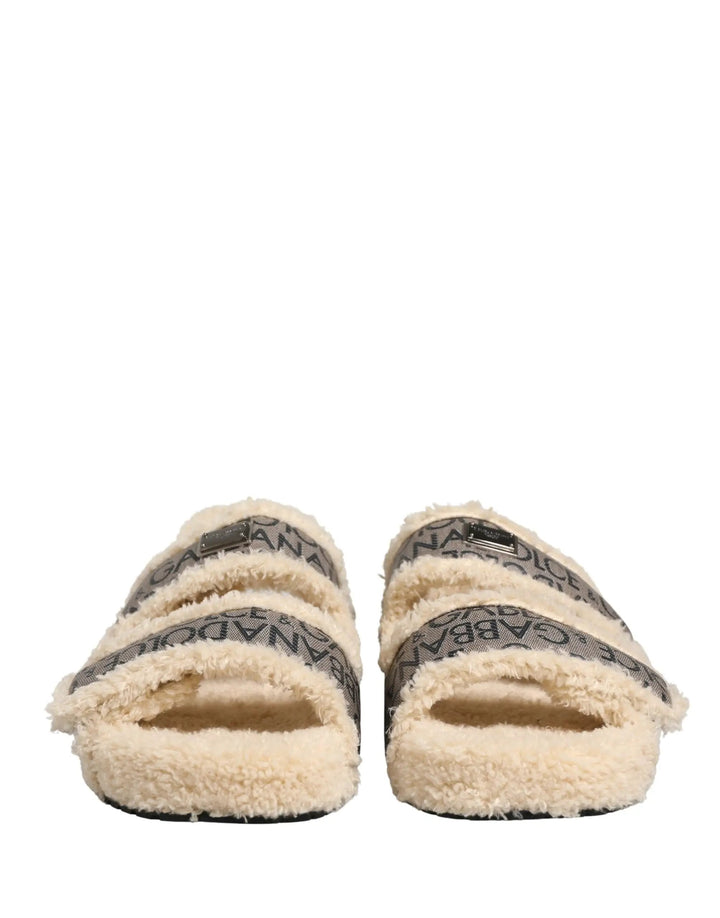Dolce &amp; Gabbana Sample Sale | Dolce &amp; Gabbana Beige Faux Fur Logo Print Flats Sandals Shoes - | Designer outlet