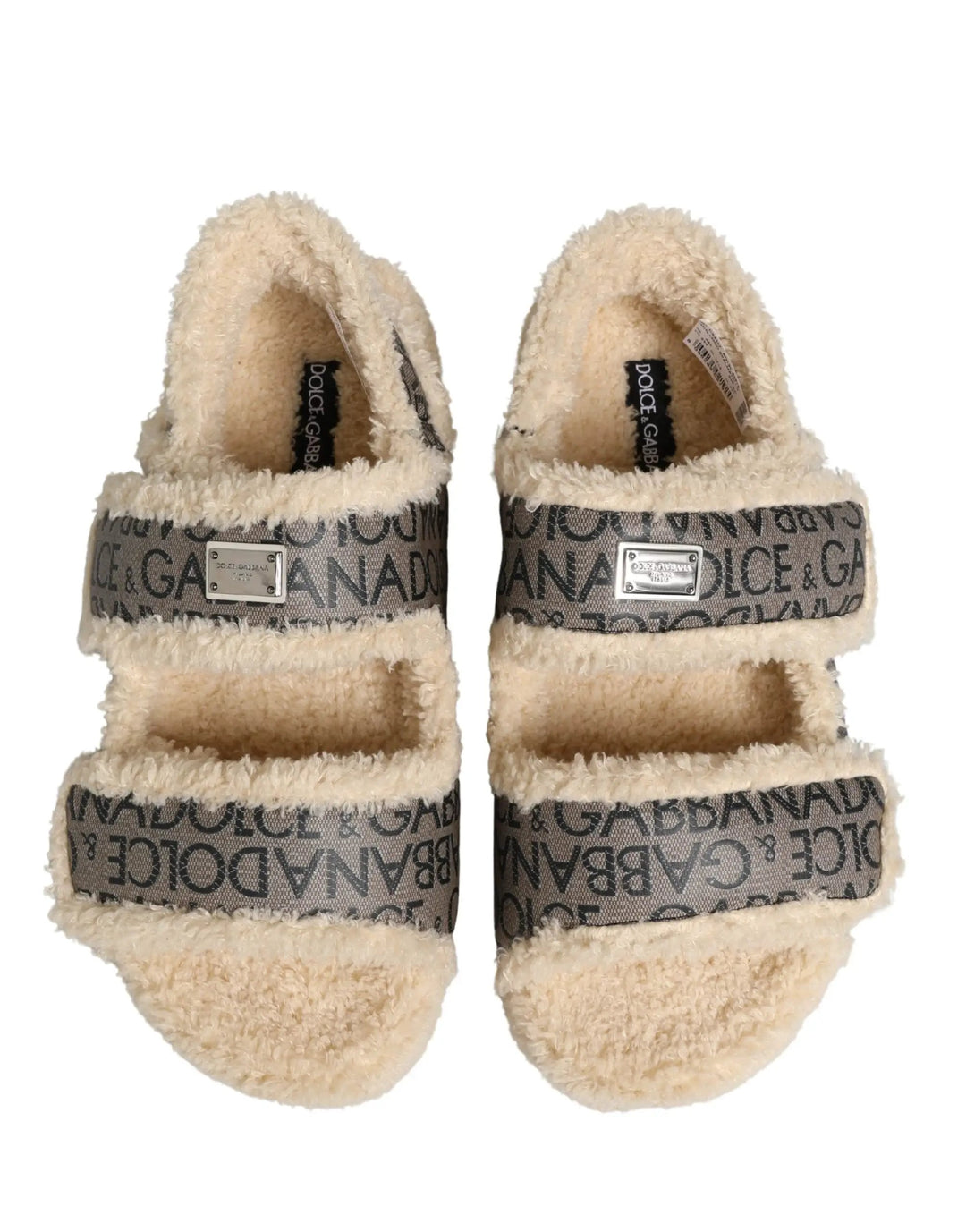 Dolce &amp; Gabbana Sample Sale | Dolce &amp; Gabbana Beige Faux Fur Logo Print Flats Sandals Shoes - | Designer outlet