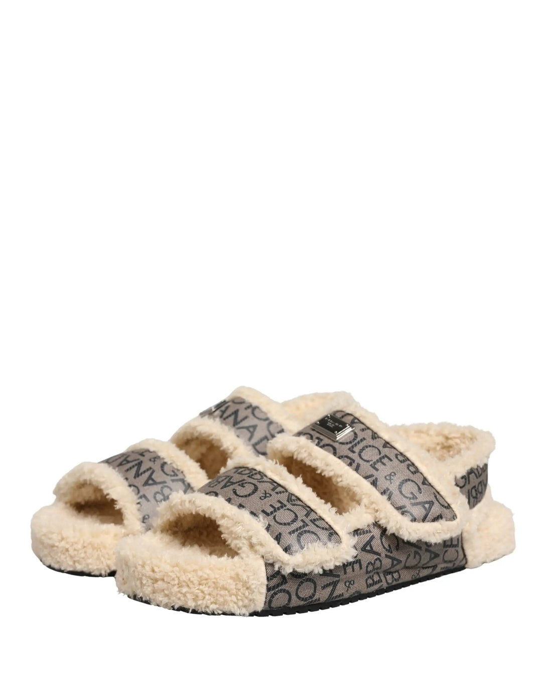 Dolce &amp; Gabbana Sample Sale | Dolce &amp; Gabbana Beige Faux Fur Logo Print Flats Sandals Shoes - | Designer outlet