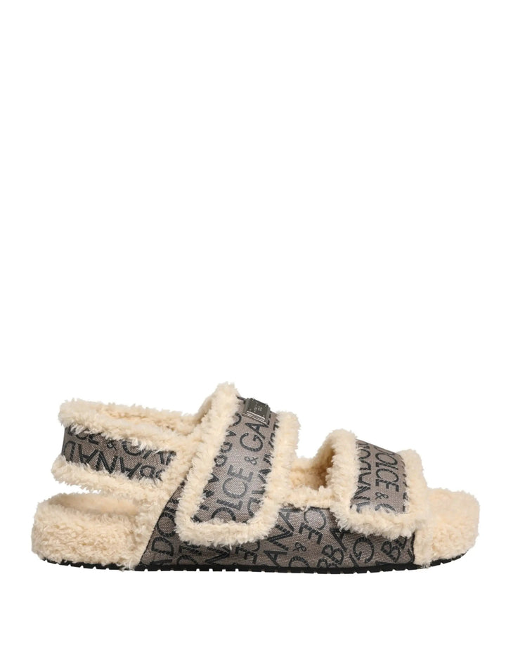 Dolce &amp; Gabbana Sample Sale | Dolce &amp; Gabbana Beige Faux Fur Logo Print Flats Sandals Shoes - | Designer outlet