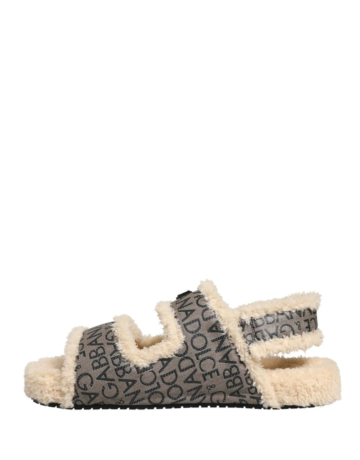 Dolce &amp; Gabbana Sample Sale | Dolce &amp; Gabbana Beige Faux Fur Logo Print Flats Sandals Shoes - | Designer outlet