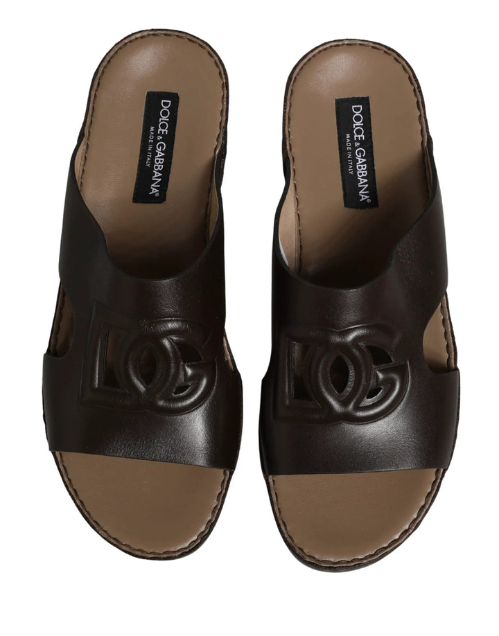 Dolce &amp; Gabbana Sample Sale | Dolce &amp; Gabbana Brown Leather Cutout DG Logo Sandals Shoes - | Designer outlet