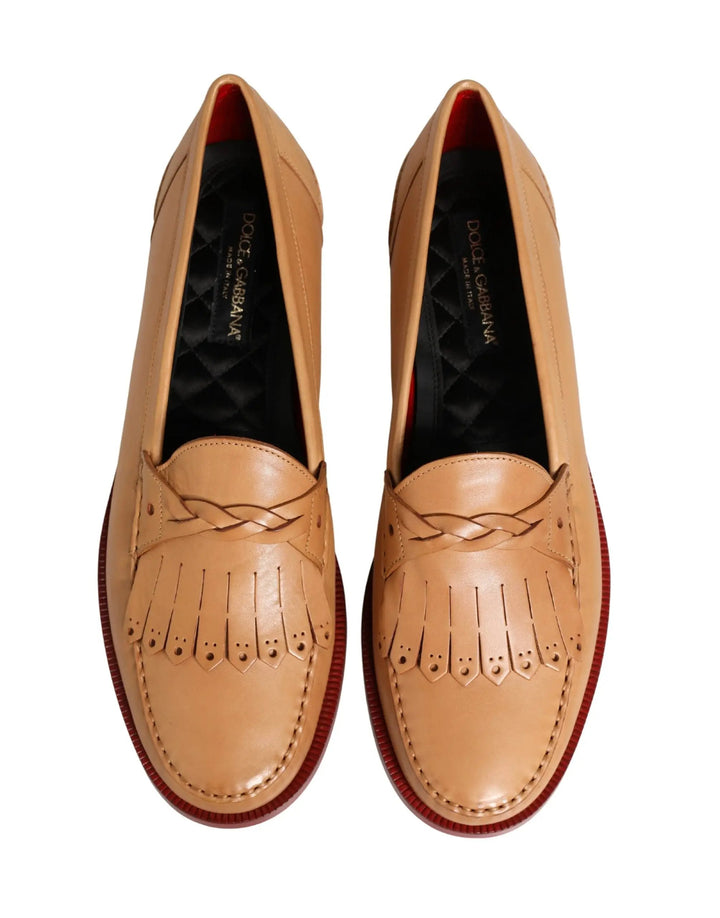 Dolce &amp; Gabbana Beige Tassel Leather Men Slip On Loafers Shoes