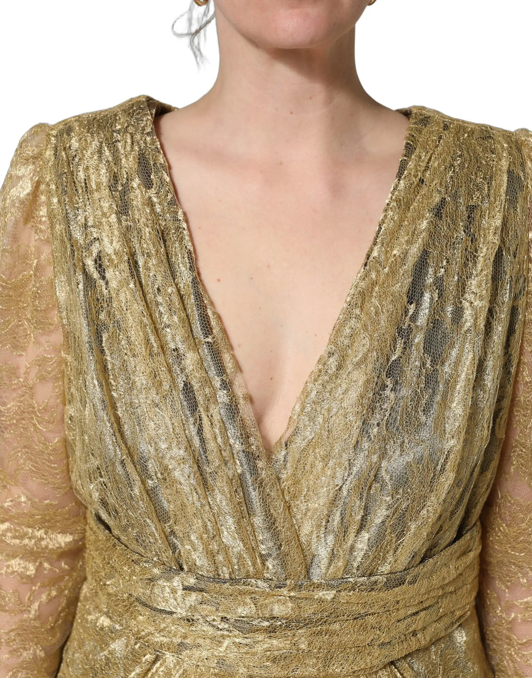 Dolce &amp; Gabbana Gold Sheer Lace Crystal Embellished Dress