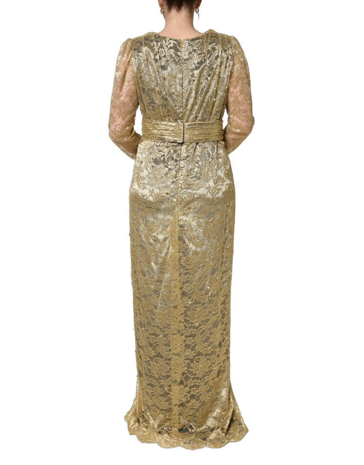 Dolce &amp; Gabbana Gold Sheer Lace Crystal Embellished Dress