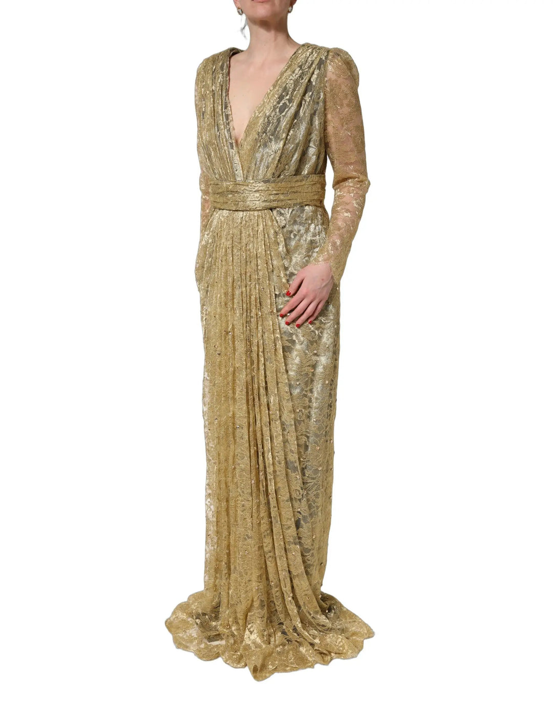 Dolce &amp; Gabbana Gold Sheer Lace Crystal Embellished Dress