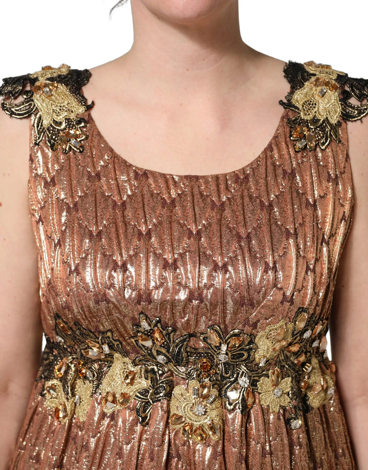 Dolce &amp; Gabbana Brown Metallic Crystal Evening Gown Dress