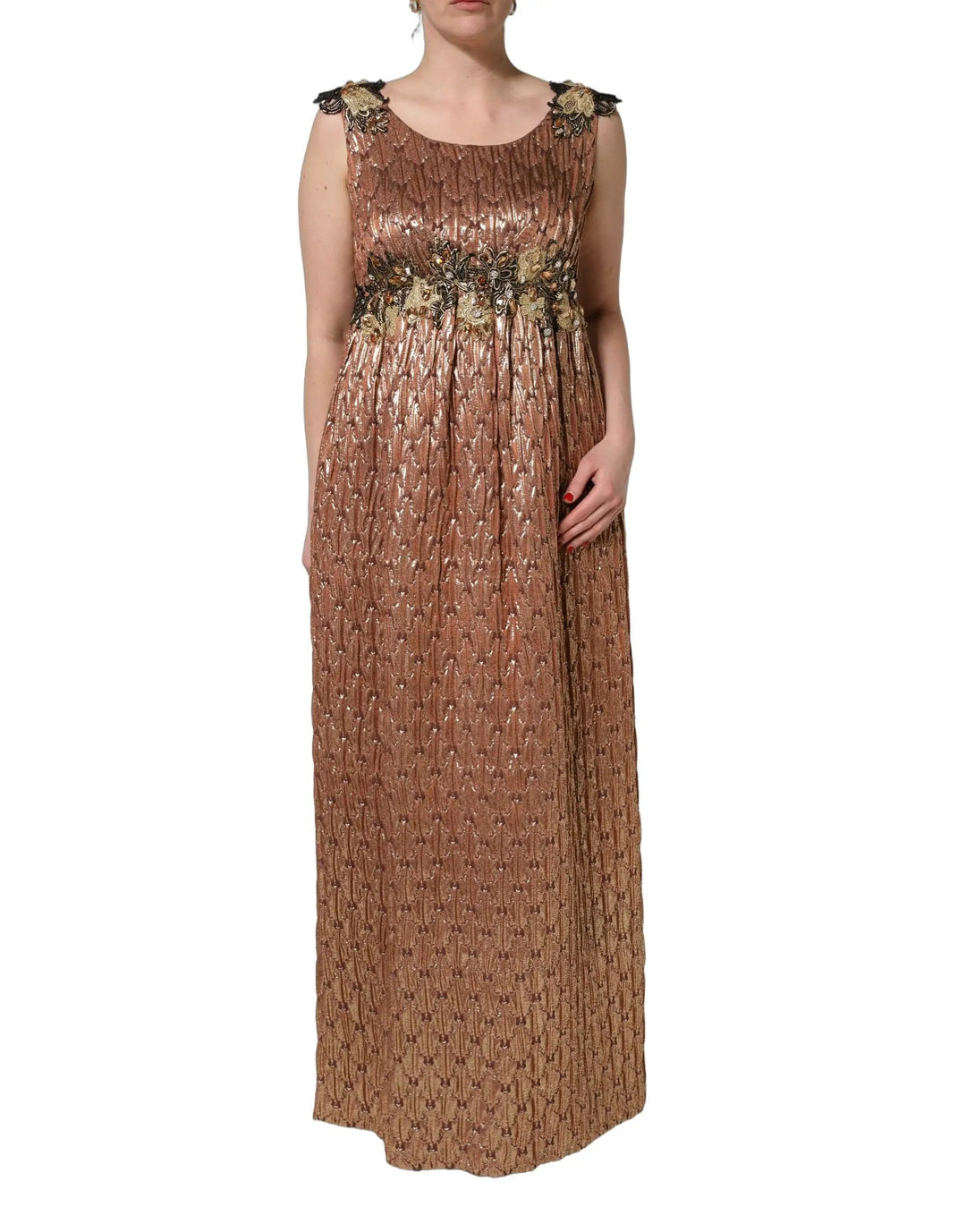 Dolce &amp; Gabbana Brown Metallic Crystal Evening Gown Dress