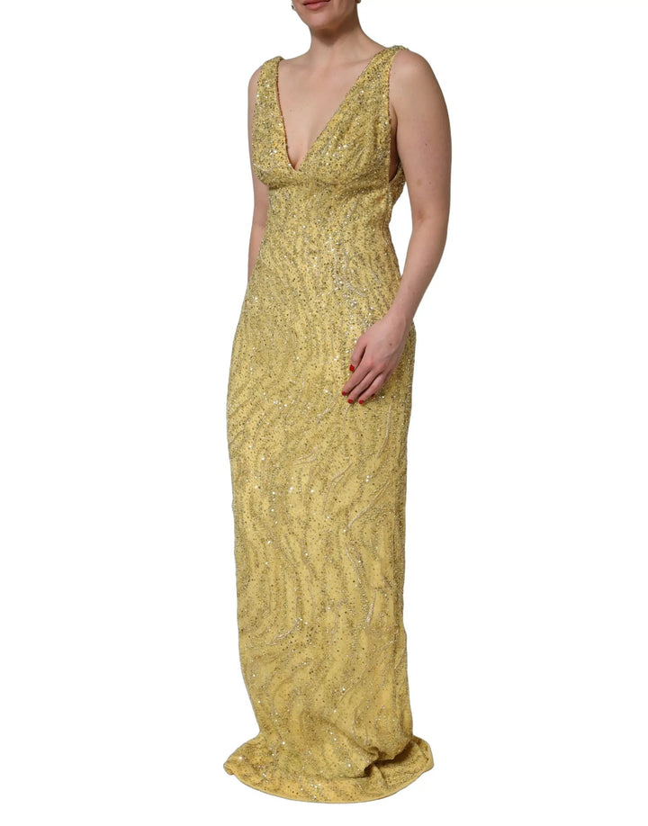 Dolce &amp; Gabbana Gold V-neckline Mermaid Sequinned Gown Dress