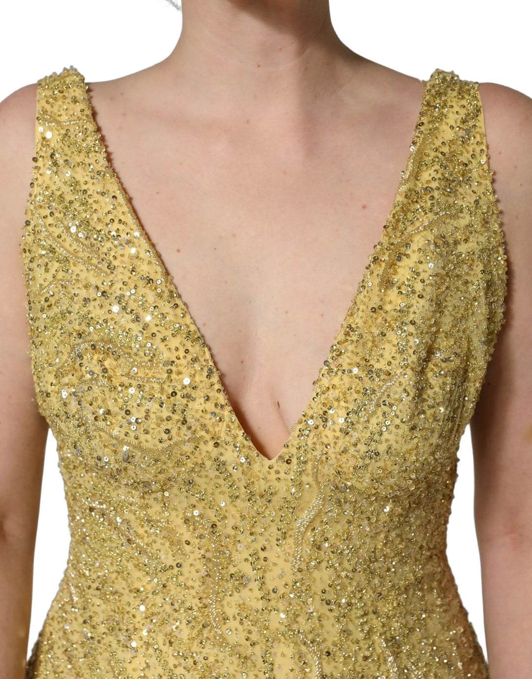 Dolce &amp; Gabbana Gold V-neckline Mermaid Sequinned Gown Dress