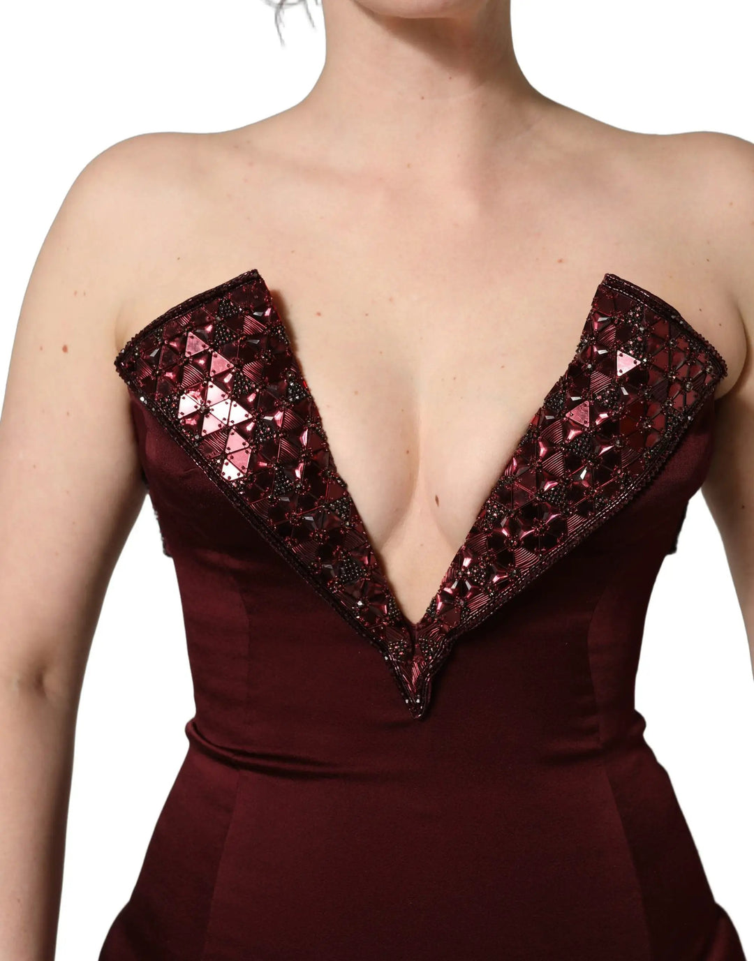 Dolce &amp; Gabbana Maroon Embellished Vneck Evening Gown Dress