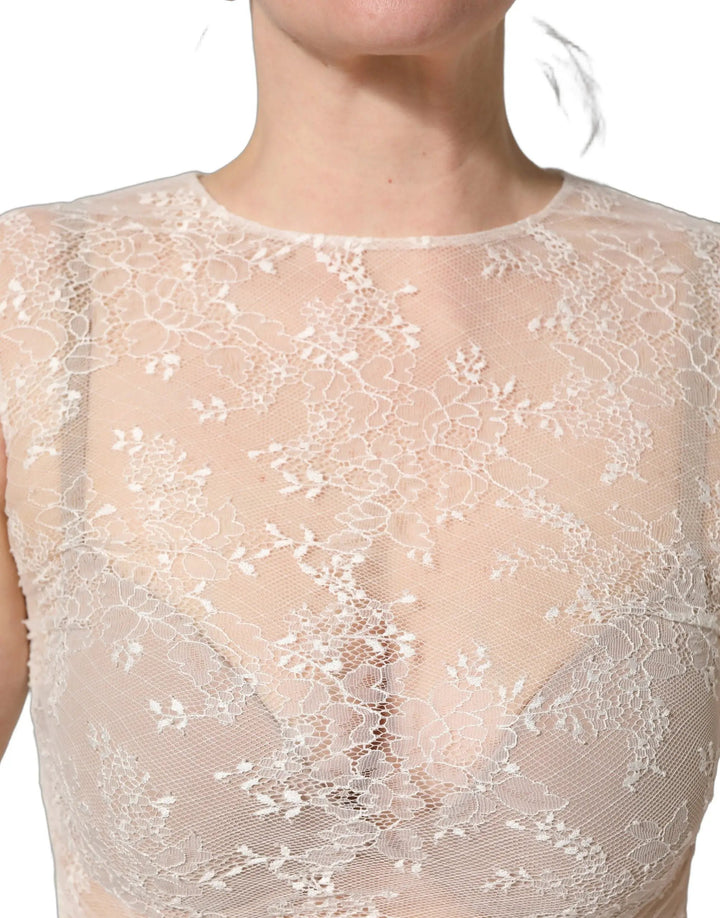 Dolce &amp; Gabbana White Floral Lace Sheer Sleeveless Midi Dress