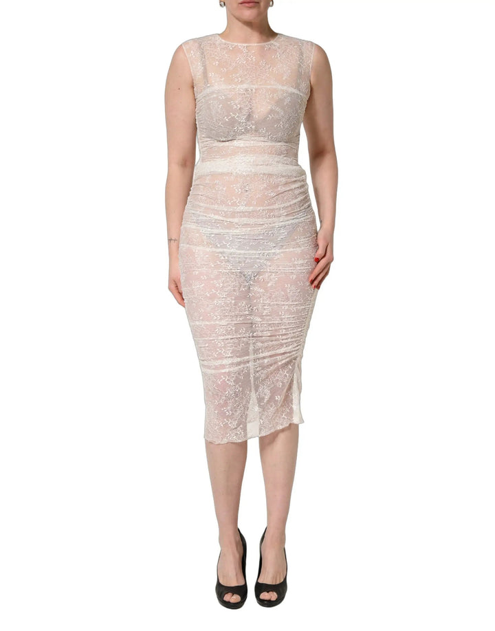 Dolce &amp; Gabbana White Floral Lace Sheer Sleeveless Midi Dress