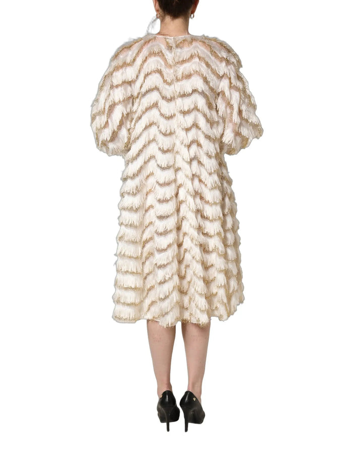 Dolce &amp; Gabbana Ivory Fringe Layered Shift Midi Dress