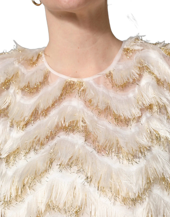 Dolce &amp; Gabbana Ivory Fringe Layered Shift Midi Dress
