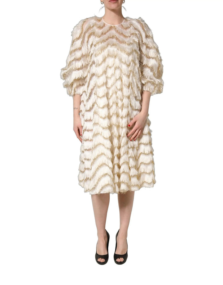 Dolce &amp; Gabbana Ivory Fringe Layered Shift Midi Dress