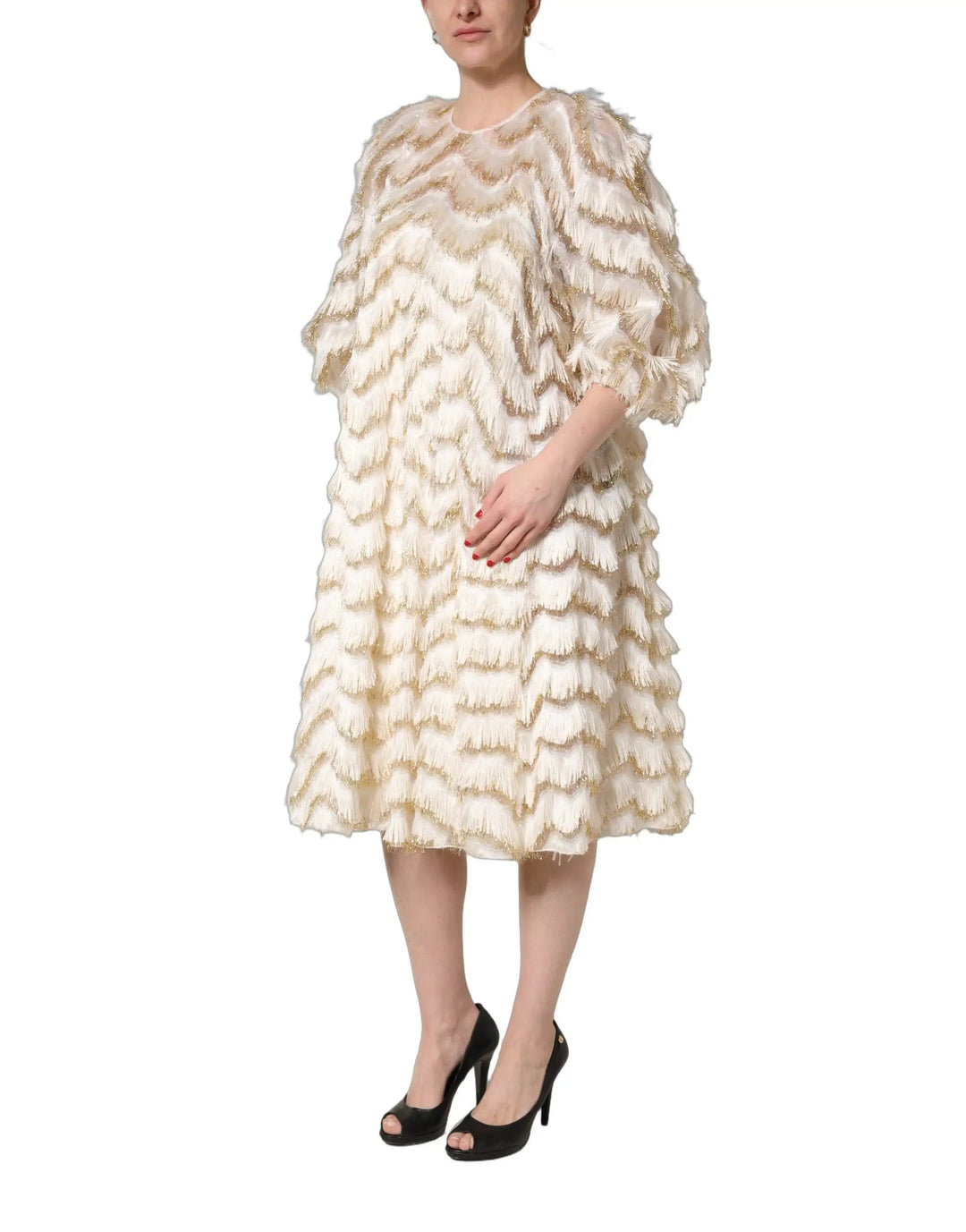 Dolce &amp; Gabbana Ivory Fringe Layered Shift Midi Dress