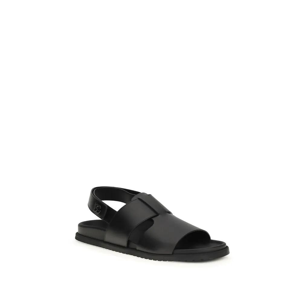 Dolce &amp; Gabbana Black Calf Leather Bos Taurus Flat Sandals
