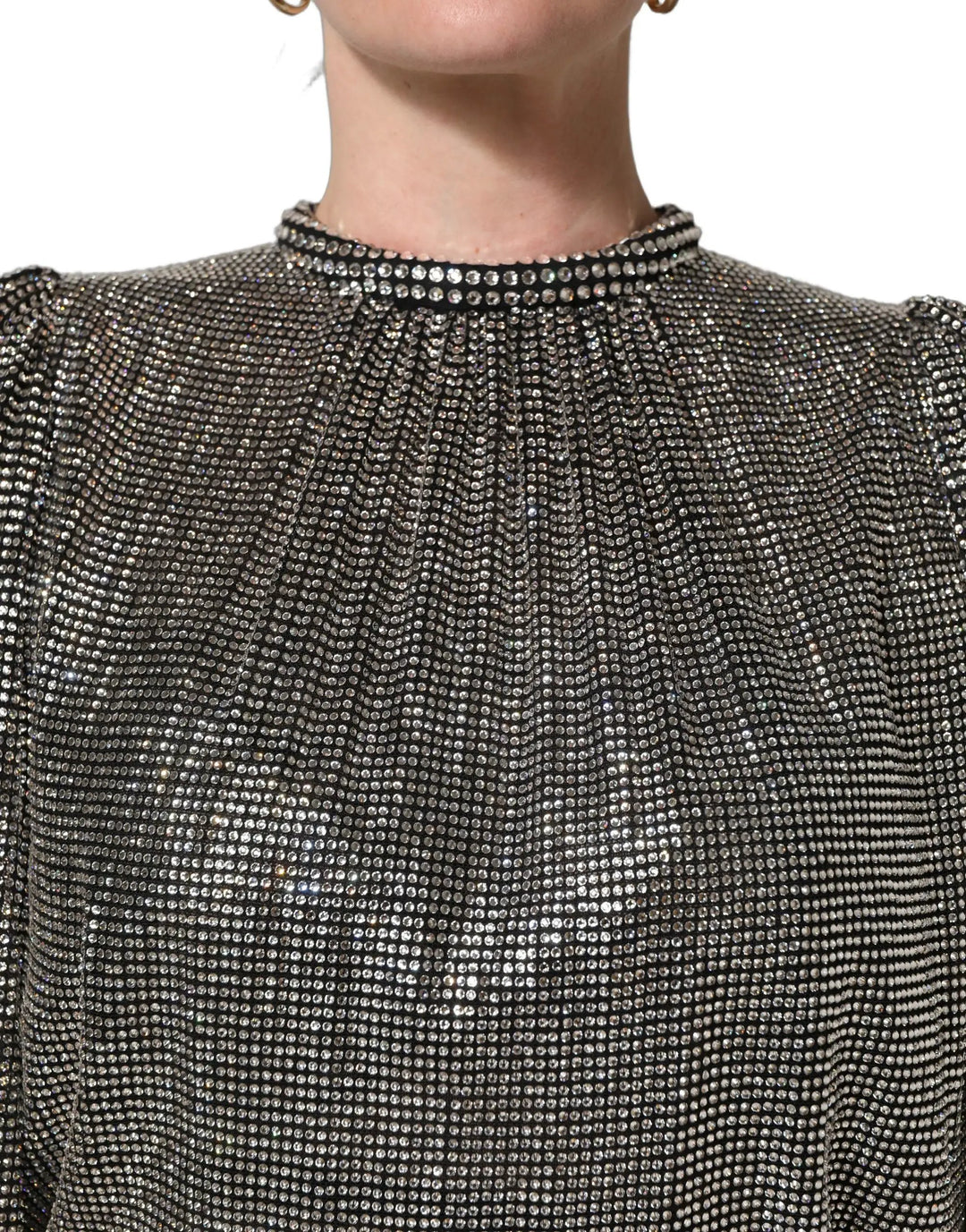 Dolce &amp; Gabbana Silver Rhinestones Long Sleeves Bodysuit Mini Dress
