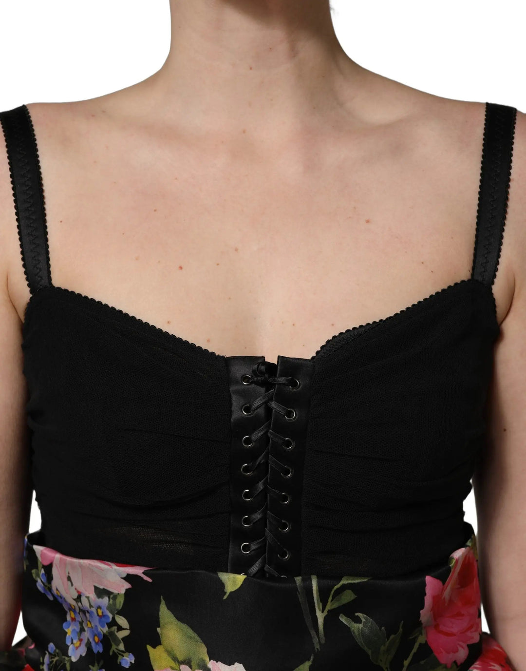 Dolce &amp; Gabbana Black Sleeveless Bustier Floral Print Tiered Dress