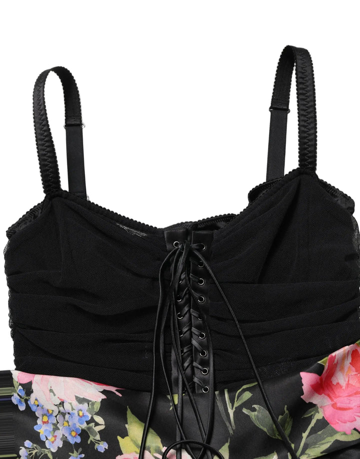 Dolce &amp; Gabbana Black Sleeveless Bustier Floral Print Tiered Dress