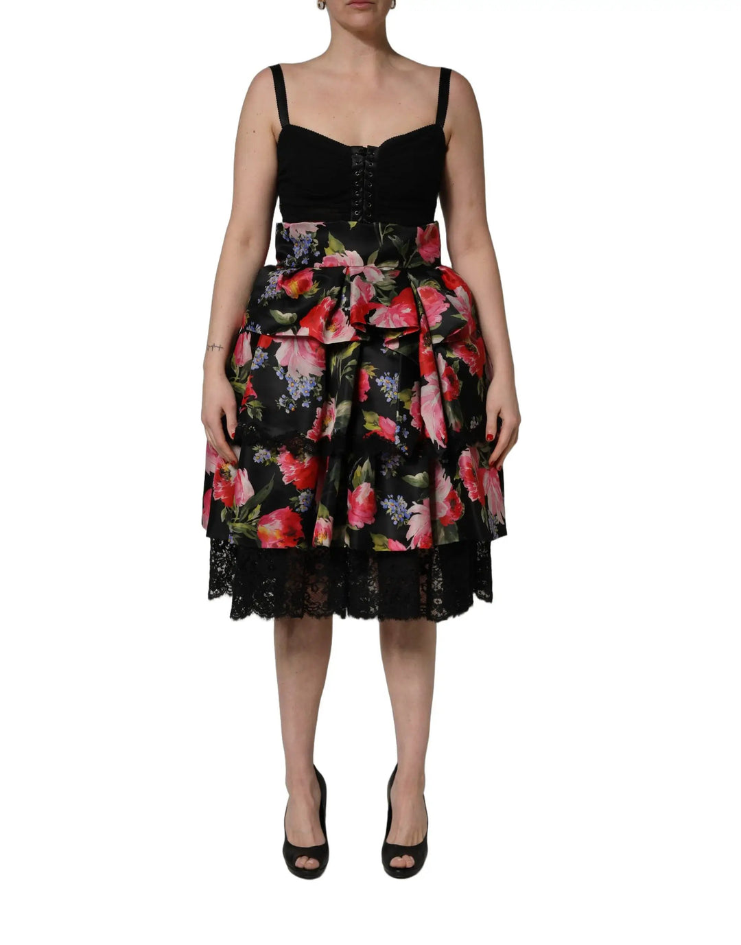 Dolce &amp; Gabbana Black Sleeveless Bustier Floral Print Tiered Dress