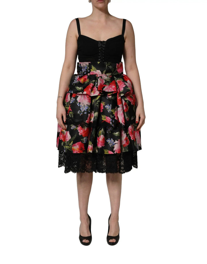 Dolce &amp; Gabbana Black Sleeveless Bustier Floral Print Tiered Dress
