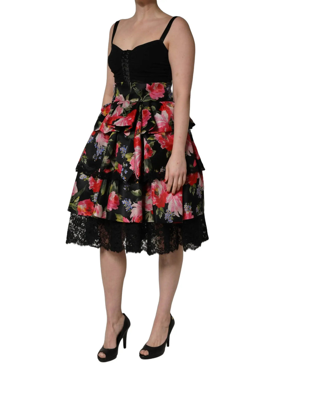 Dolce &amp; Gabbana Black Sleeveless Bustier Floral Print Tiered Dress