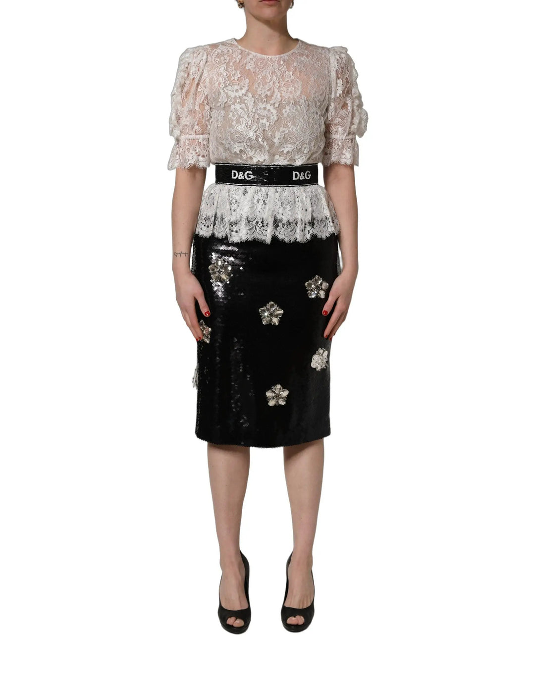 Dolce &amp; Gabbana White Lace Top Embellished Black Skirt Dress