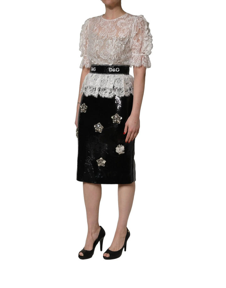 Dolce &amp; Gabbana White Lace Top Embellished Black Skirt Dress