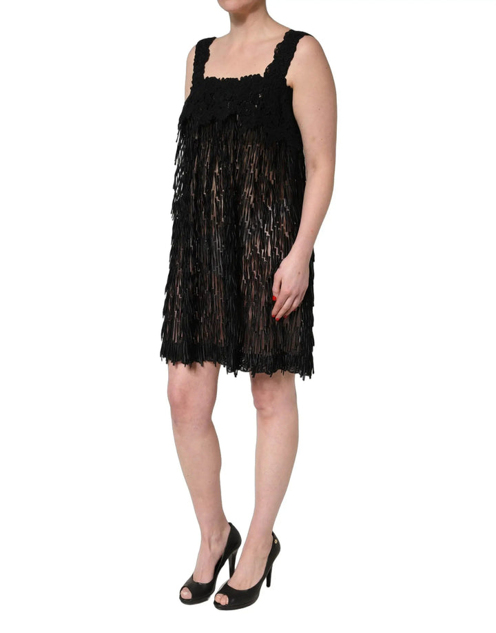 Dolce &amp; Gabbana Black Viscose Fringed Sleeveless Mini Dress