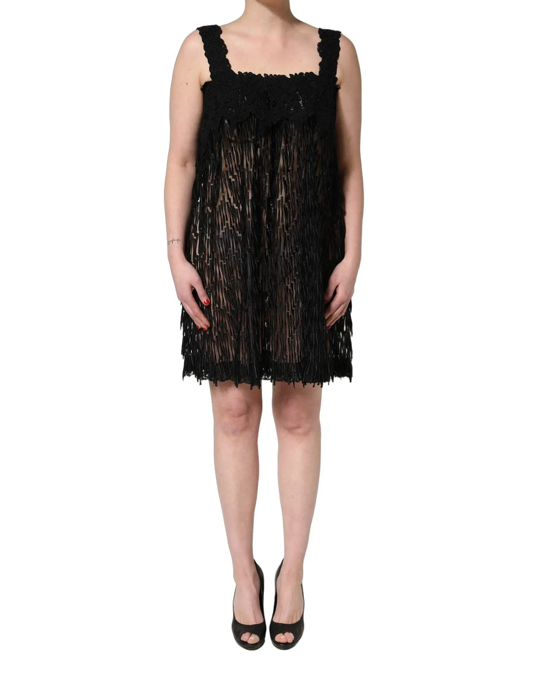 Dolce &amp; Gabbana Black Viscose Fringed Sleeveless Mini Dress