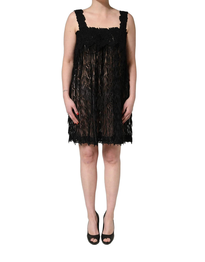 Dolce &amp; Gabbana Black Viscose Fringed Sleeveless Mini Dress