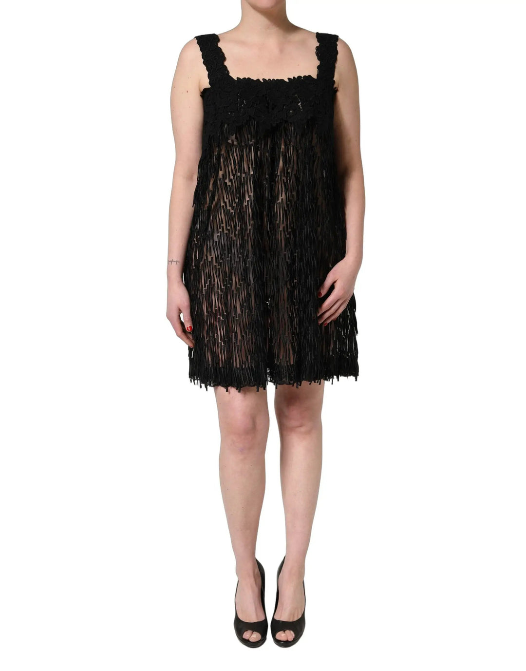 Dolce &amp; Gabbana Black Viscose Fringed Sleeveless Mini Dress