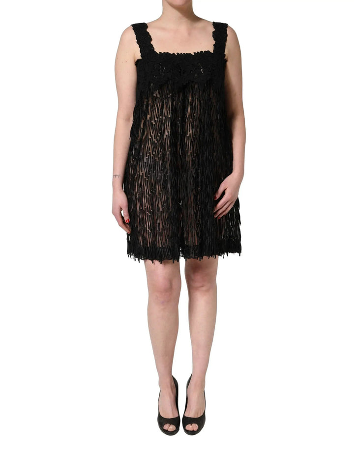 Dolce &amp; Gabbana Black Viscose Fringed Sleeveless Mini Dress