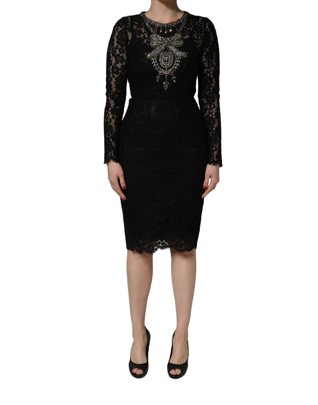 Dolce &amp; Gabbana Black Crystal Embellished Sheath Midi Dress