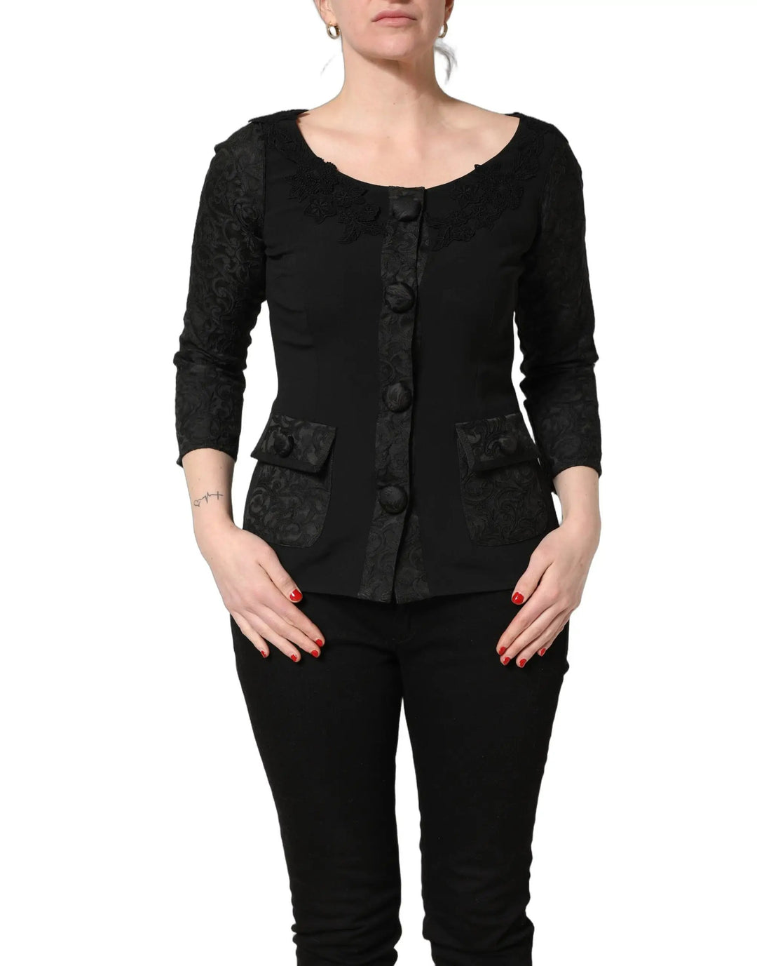 Dolce &amp; Gabbana Black Button Fastening Lace Trimmed Blazer Jacket