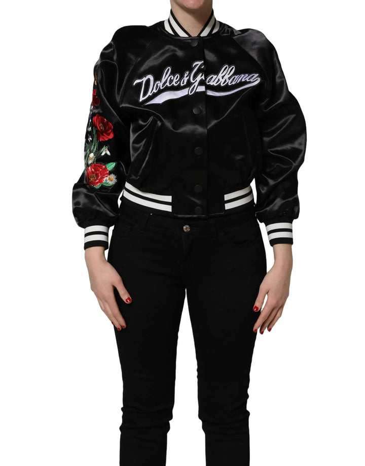 Dolce &amp; Gabbana Black Satin Floral Embroidery Bomber Jacket