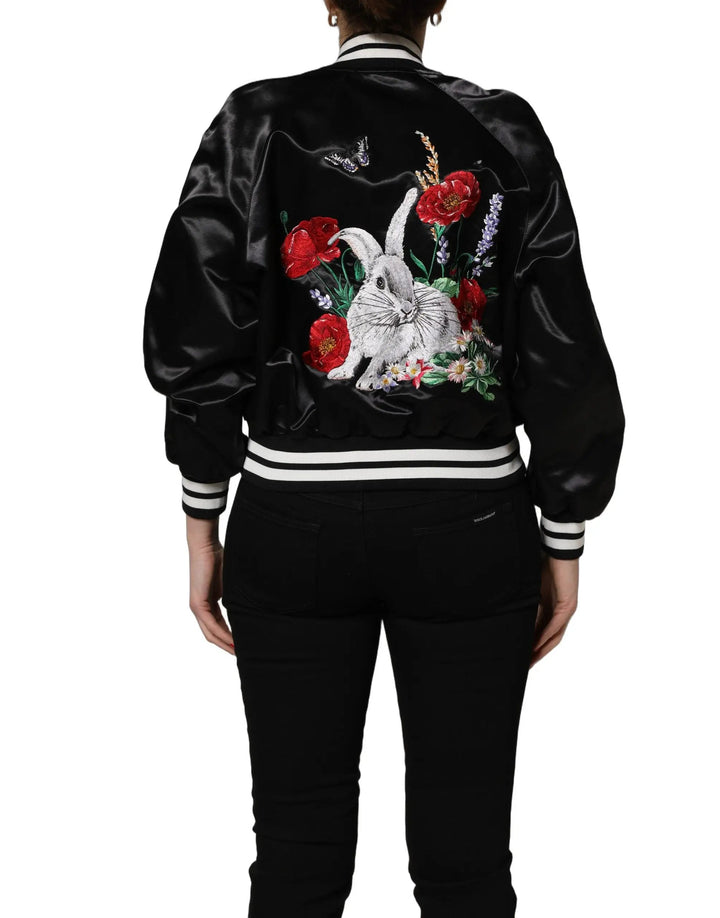 Dolce &amp; Gabbana Black Satin Floral Embroidery Bomber Jacket