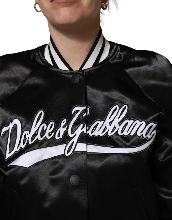 Dolce &amp; Gabbana Black Satin Floral Embroidery Bomber Jacket