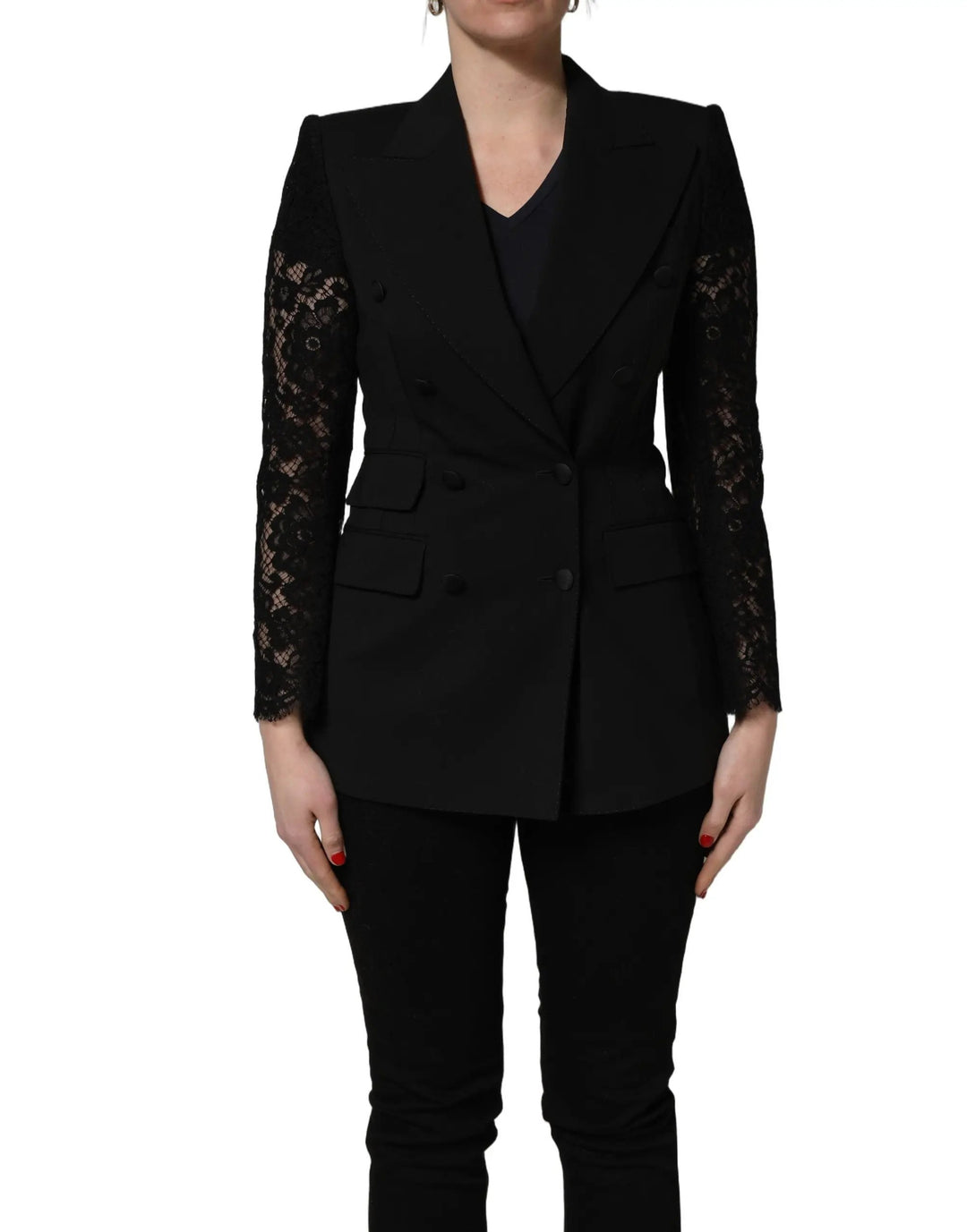 Dolce &amp; Gabbana Sample Sale | Dolce &amp; Gabbana Black Wool DoubleBreasted Lace Sleeve Jacket - | Designer outlet