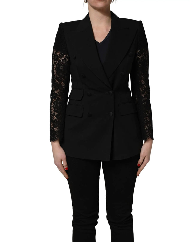 Dolce &amp; Gabbana Sample Sale | Dolce &amp; Gabbana Black Wool DoubleBreasted Lace Sleeve Jacket - | Designer outlet
