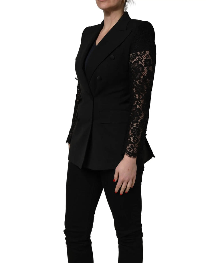 Dolce &amp; Gabbana Sample Sale | Dolce &amp; Gabbana Black Wool DoubleBreasted Lace Sleeve Jacket - | Designer outlet