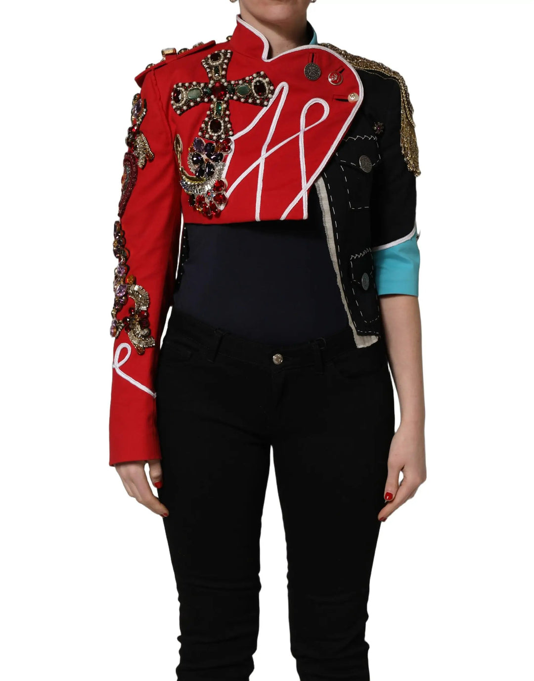 Dolce &amp; Gabbana Sample Sale | Dolce &amp; Gabbana Multicolor Asymmetrical Ornate Jewel Cropped Jacket - | Designer outlet