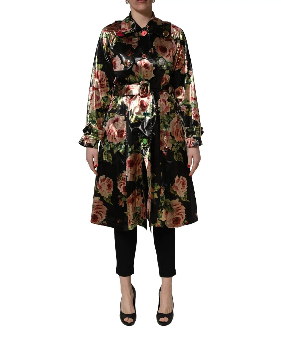 Dolce &amp; Gabbana Sample Sale | Dolce &amp; Gabbana Black Floral Belted Polyester Trench Coat Jacket - | Designer outlet