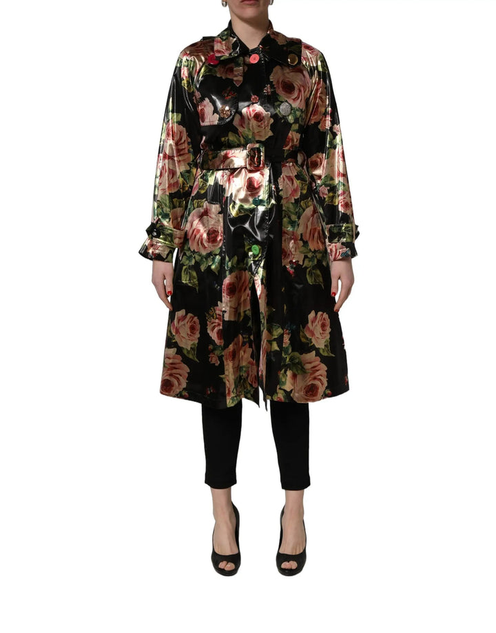 Dolce &amp; Gabbana Sample Sale | Dolce &amp; Gabbana Black Floral Belted Polyester Trench Coat Jacket - | Designer outlet