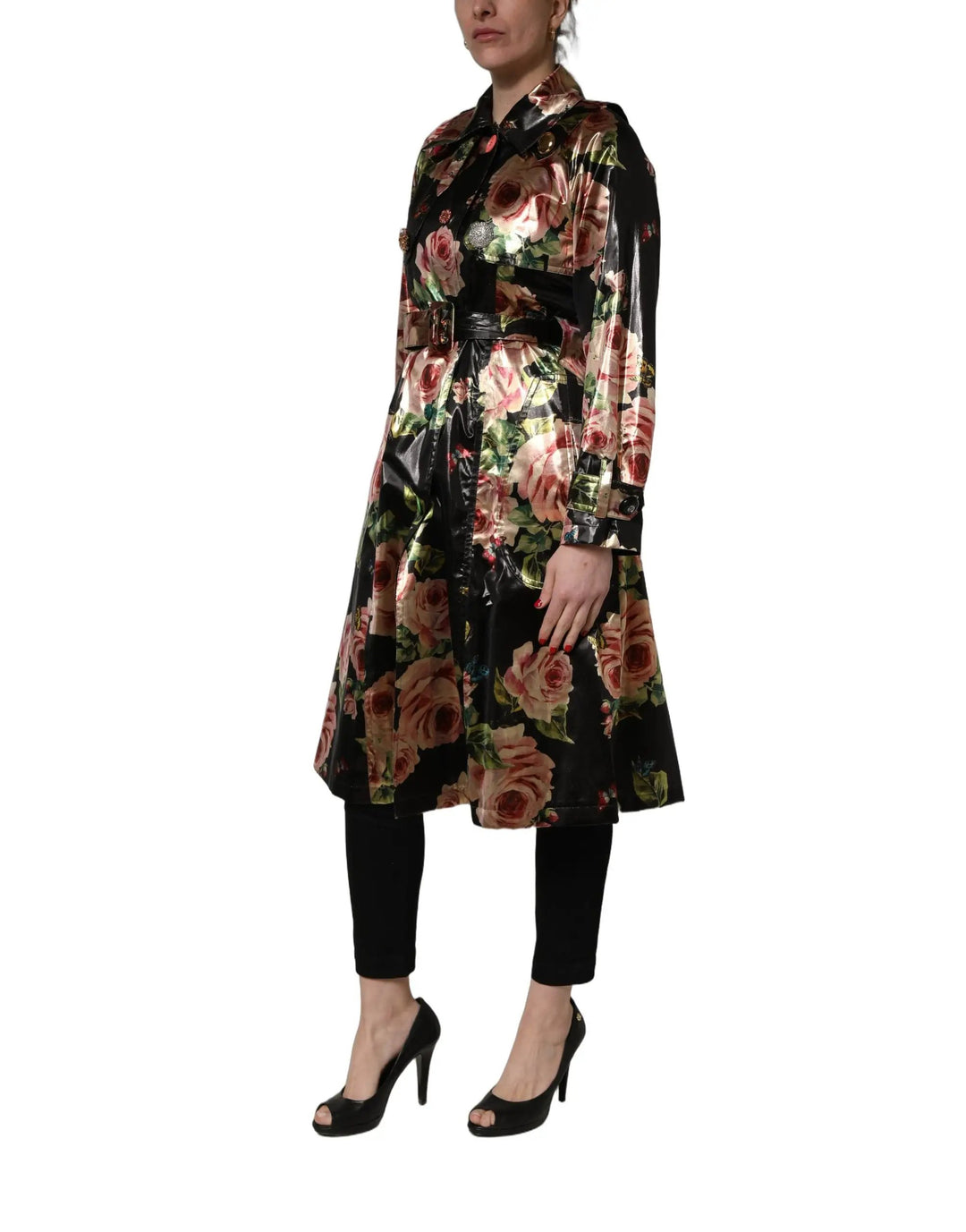 Dolce &amp; Gabbana Sample Sale | Dolce &amp; Gabbana Black Floral Belted Polyester Trench Coat Jacket - | Designer outlet